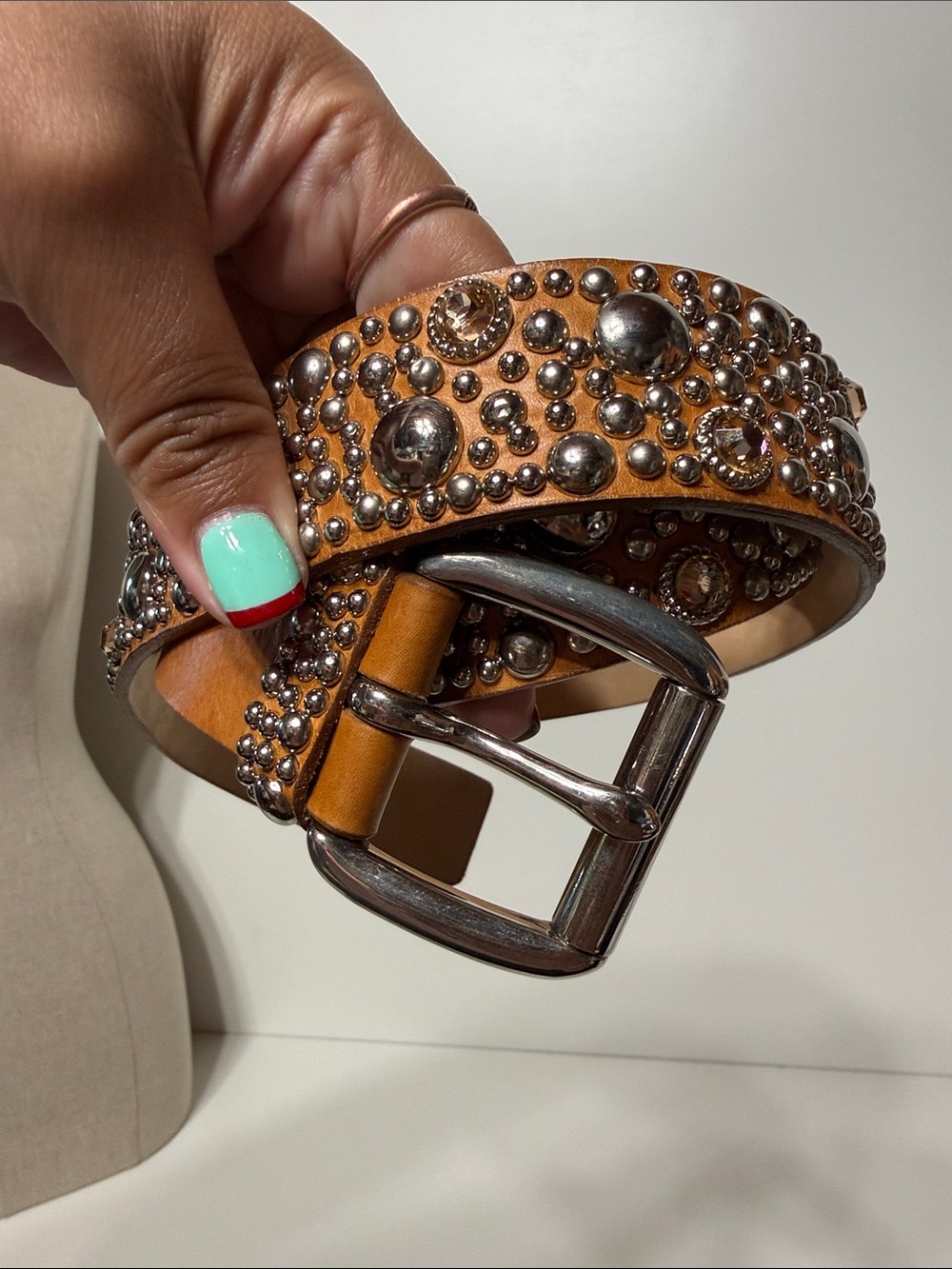 Streets Ahead Tan Leather Studded Western-Style Belt w/ Orange Silver Crystals